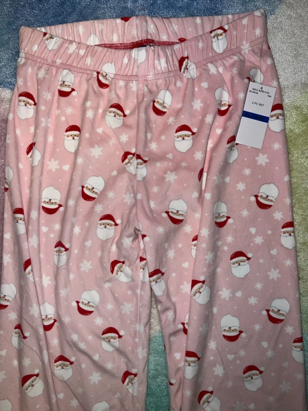 NEW Max & Olivia Pink Santa Print Girls Pajama Set -Button Front 2pc & scrunchie